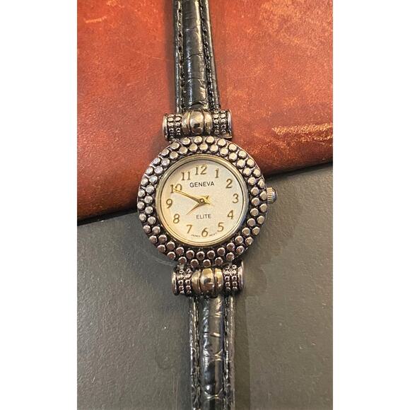 Women's 30mm Silver tone Geneva Elite Watch, Black Band - Picture 1 of 4